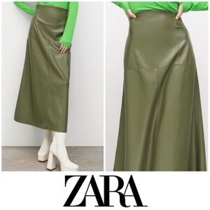 NWT! Zara Olive Maxi Skirt faux leather bloggers fav